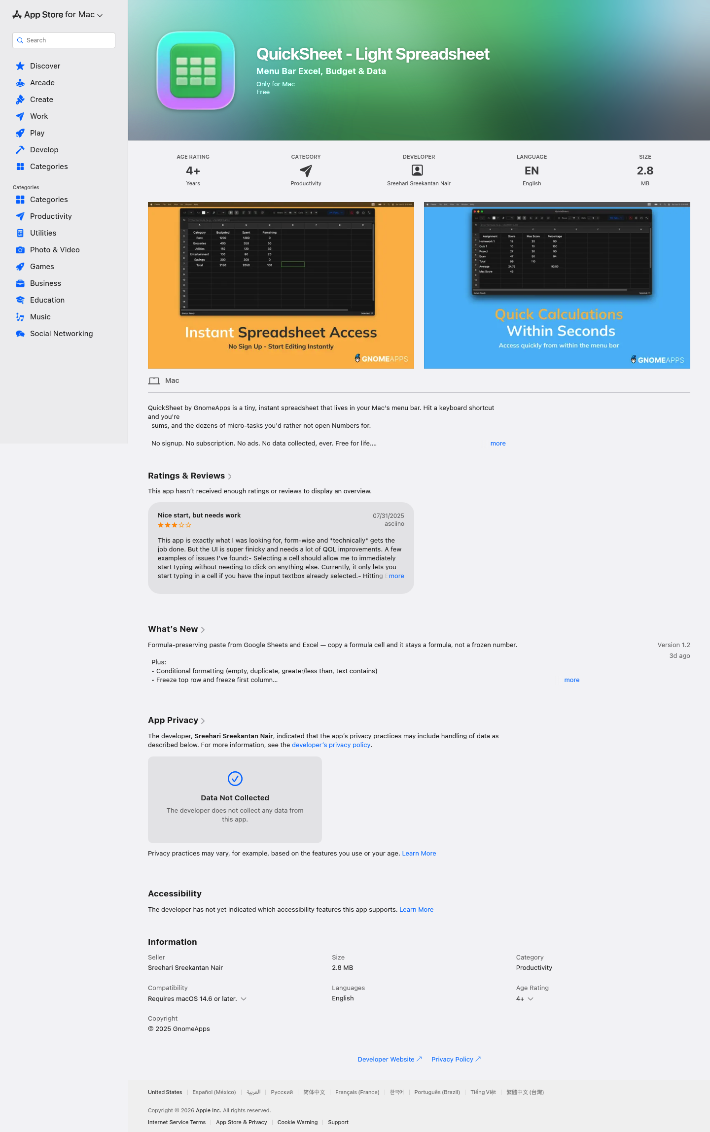 QuickSheet v1.2 screenshot