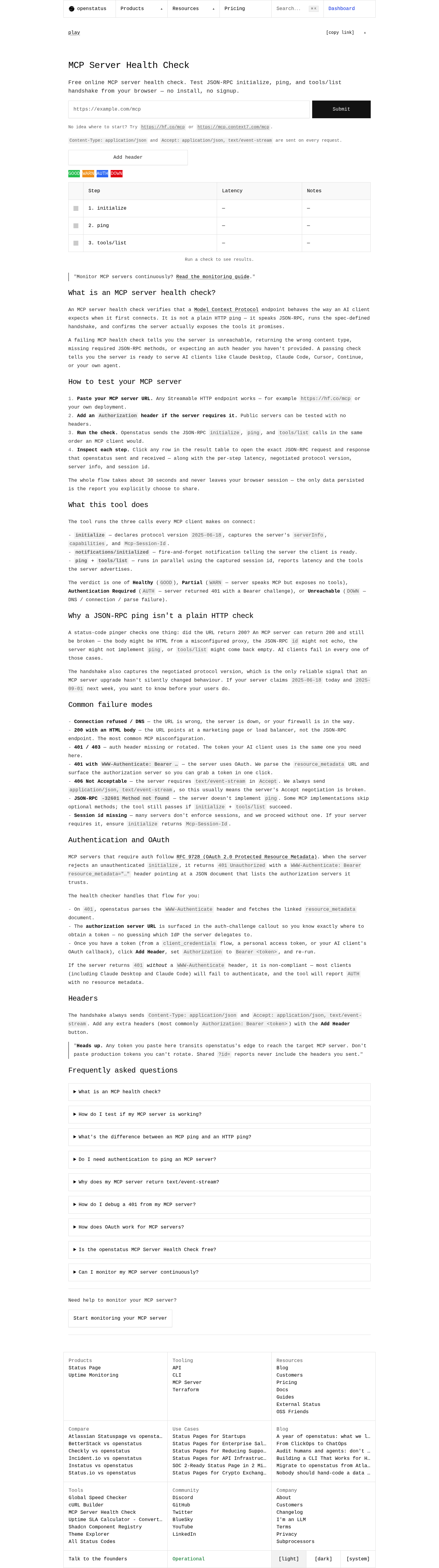 Openstatus MCP Health Checker screenshot